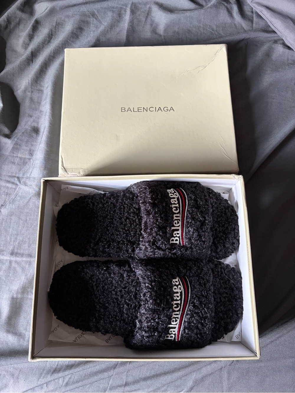 Balenciaga Black Shearling Logo Slide Slippers with Red Accent